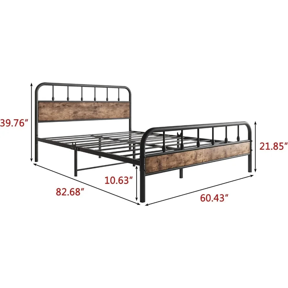 Black Queen Bed Frame with Headboard,Metal Platform Bed Frames,No Box Spring Needed,Easy Assembly Rustic Brown