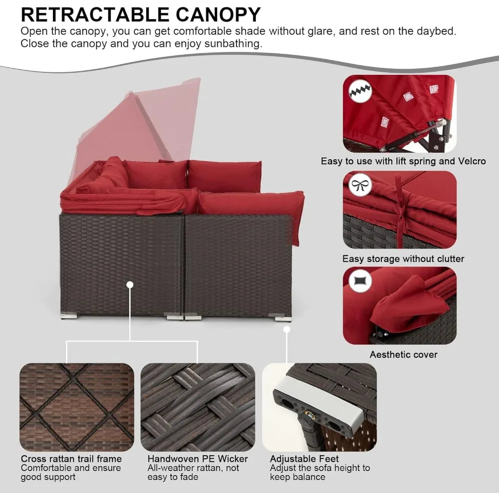 6 Pieces Patio Furniture Sets, Rattan Daybed with Retractable Canopy, Outdoor Sectional Sofa Set, Garden Furniture Sets