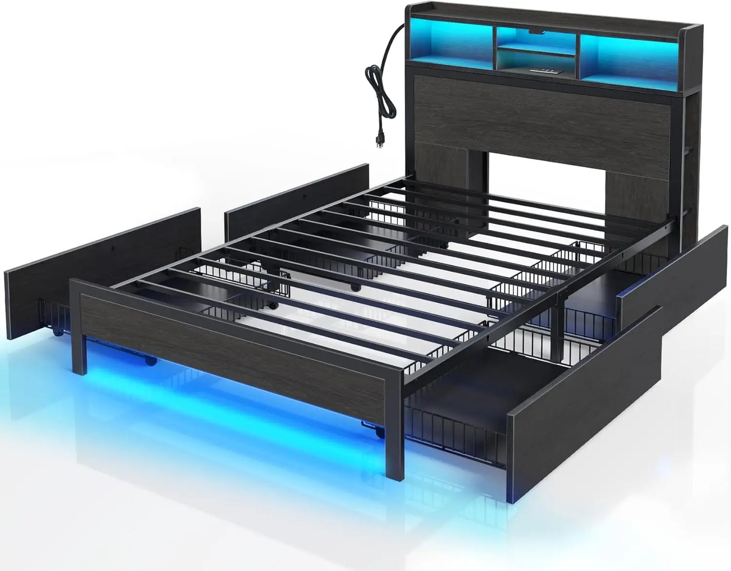 Bed Frame with Storage Headboard, Metal Platform Charging Station, LED 4 Drawers, Bookcase Storage, Easy Assembly Bed Frame