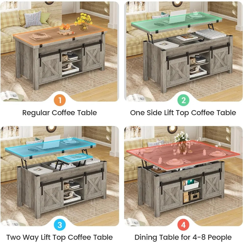 Lift Top,4 in 1 Multi-Function Convertible Coffee Tables with Storage and Hidden Compartment, Farmhouse Converts to Dining Table