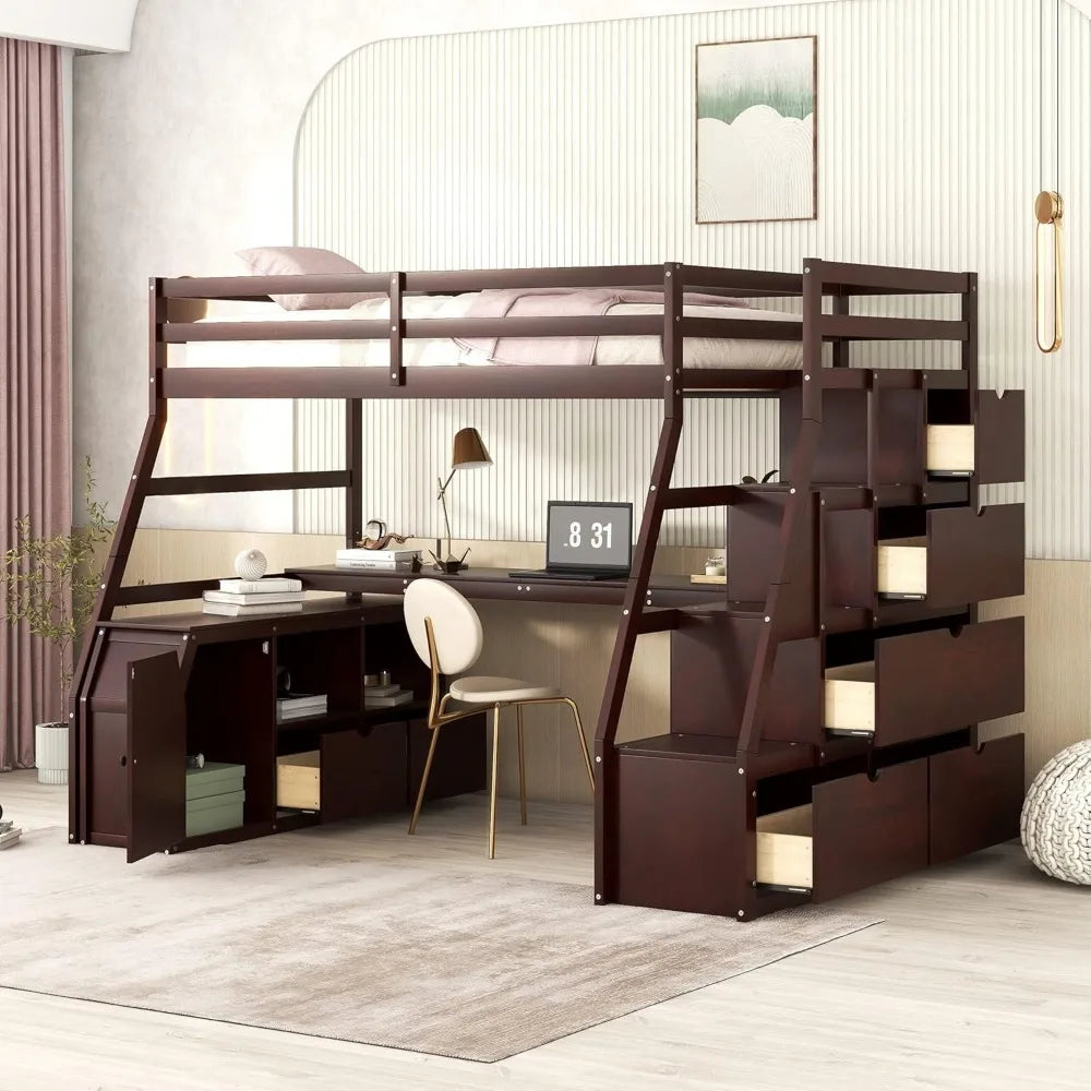 Loft Bed, with Stairs and Desk, with Storage 7 Drawers 2 Shelves, for Kids Teens Adults ,Solid Wood Loft Bed Frame