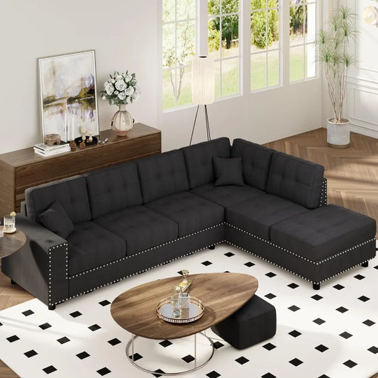 L-Shaped Sectional Sofa with Removable Back Cushions,Modular Sectional Sofa with 2 Pillows,5Seat Sofa Set with Solid Wood Frame