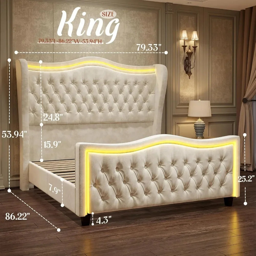 King Size Bed Frame with LED Lights, 53'' Upholstered Platform Wingback Bed with Handmade Deep Button Tufted Headboard Footboard