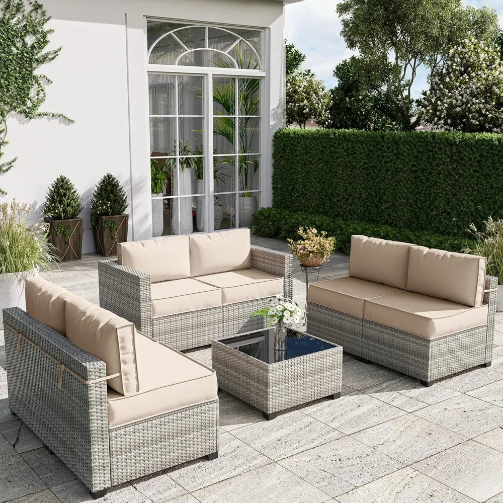 7-Piece Outdoor Patio Furniture Set,Gradient Wicker Sectional Sofa, Modular Wicker Patio Conversation Set, Garden Furniture Sets