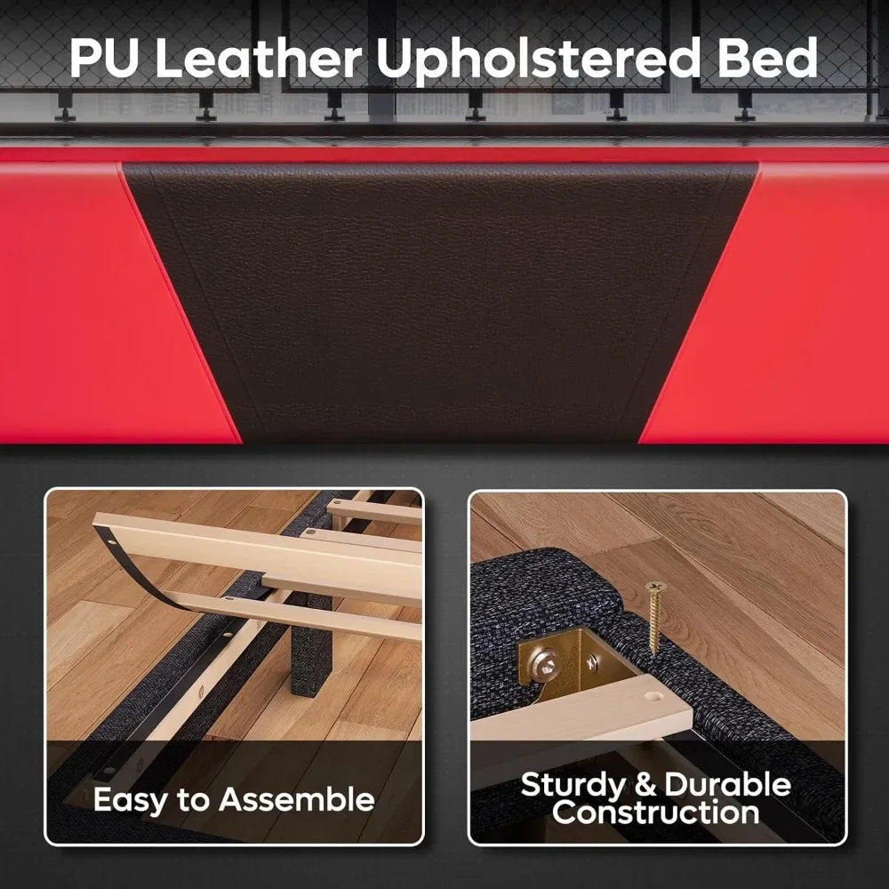 Bed Frame with Headboard,Faux Leather Upholstered Platform Bed with Storage Shelf,Gaming Style Bed Base,Never Squeaks(Black-Red)