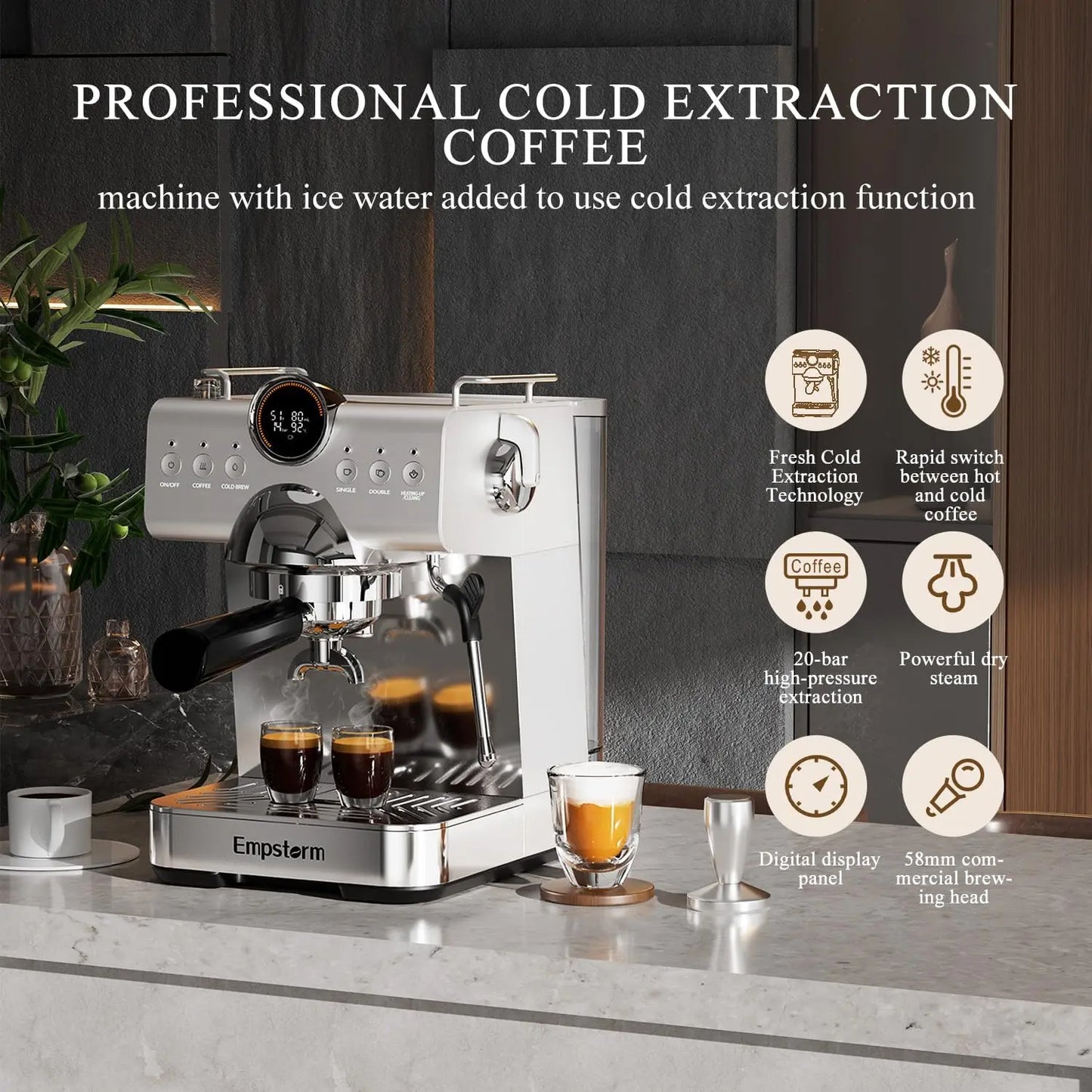 Cold Brew, 20 Bar Hot and Cold Espresso Maker Cappuccino Machine with Milk Steam Wand, Easy to Use & Clean, Expresso