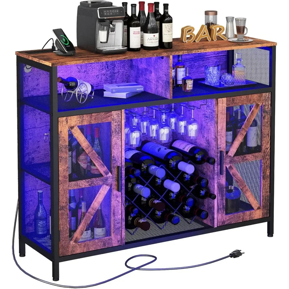 LED Wine Cabinet Bar Cabinets with Power Outlets, Coffee Bar Cabinet Liquor Cabinet for Glasses, Vintage TV Stand