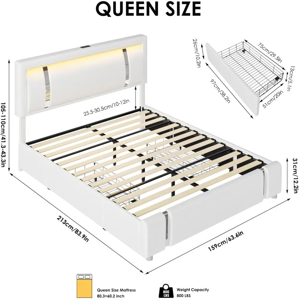 Bed Frame with RGB LED Lights Headboard & 2 Storage Drawers, Modern Upholstered Faux Leather Smart Platform Iron Metal Decor