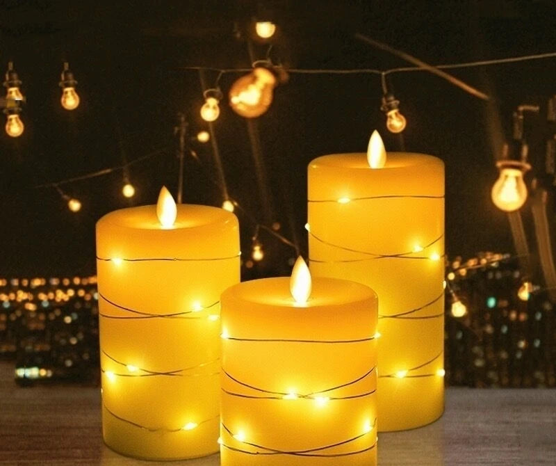 Pack of 3 Led Candle Embedded Fairy String Lights Electric Flickering candle Remote Controlled w/Timer Paraffin Dancing wick