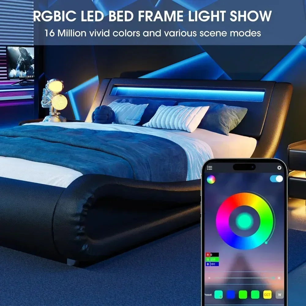 LED King Bed Frame,Strong Wood Slats Support,Low Profile Upholstered Platform Sleigh Designwith HeadboardKing Beds Frames