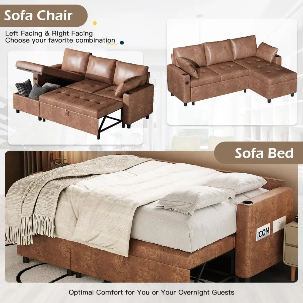 Sectional L Shape Couch Bed, Faux Leather Pull Out Sofa Bed, 3 in 1 Sleeper Sofa with Storage Chair, Mid Century Modern Couch