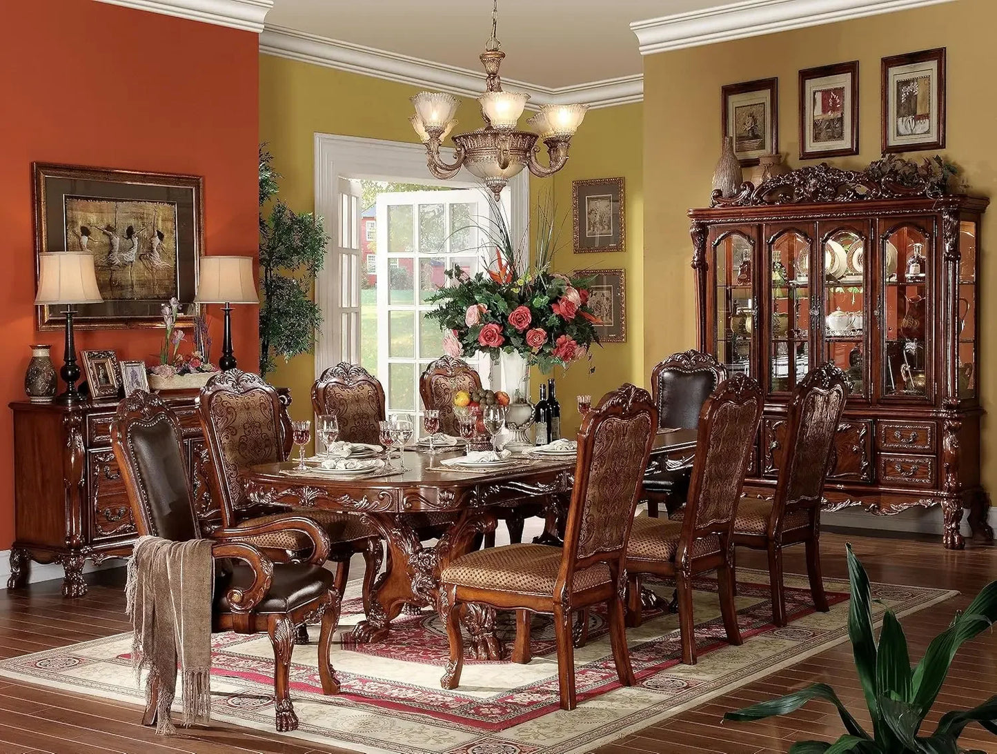 9 pc Formal Dining Table Set Include 1 Dining Table,6 Side Chairs and 2 Arm Chairs,8-Person Solid Wood Extendable Dining Set