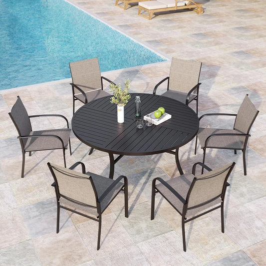 7 Pieces Outdoor Table and Chairs,54" Round Table and 6 Patio Chair Set, Outdoor Dining Furniture Set for Lawn Backyard Deck