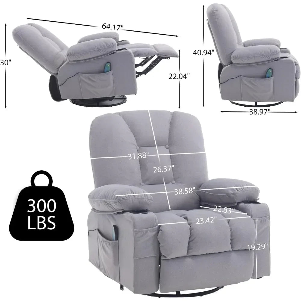 Recliner Chair for Adults,Rocker Recliners with Massage Heat,Fabric Overstuffed Swivel Glider with Cup Holder,Living Room Chairs