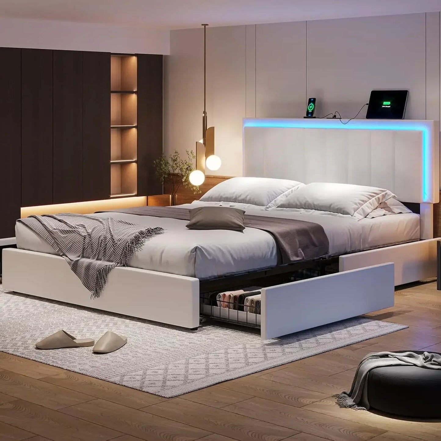 Queen Bed Frame with 4 Storage Drawers, LED Light with Charging Station, Artificial Leather Upholstered Bed, Bed Frame