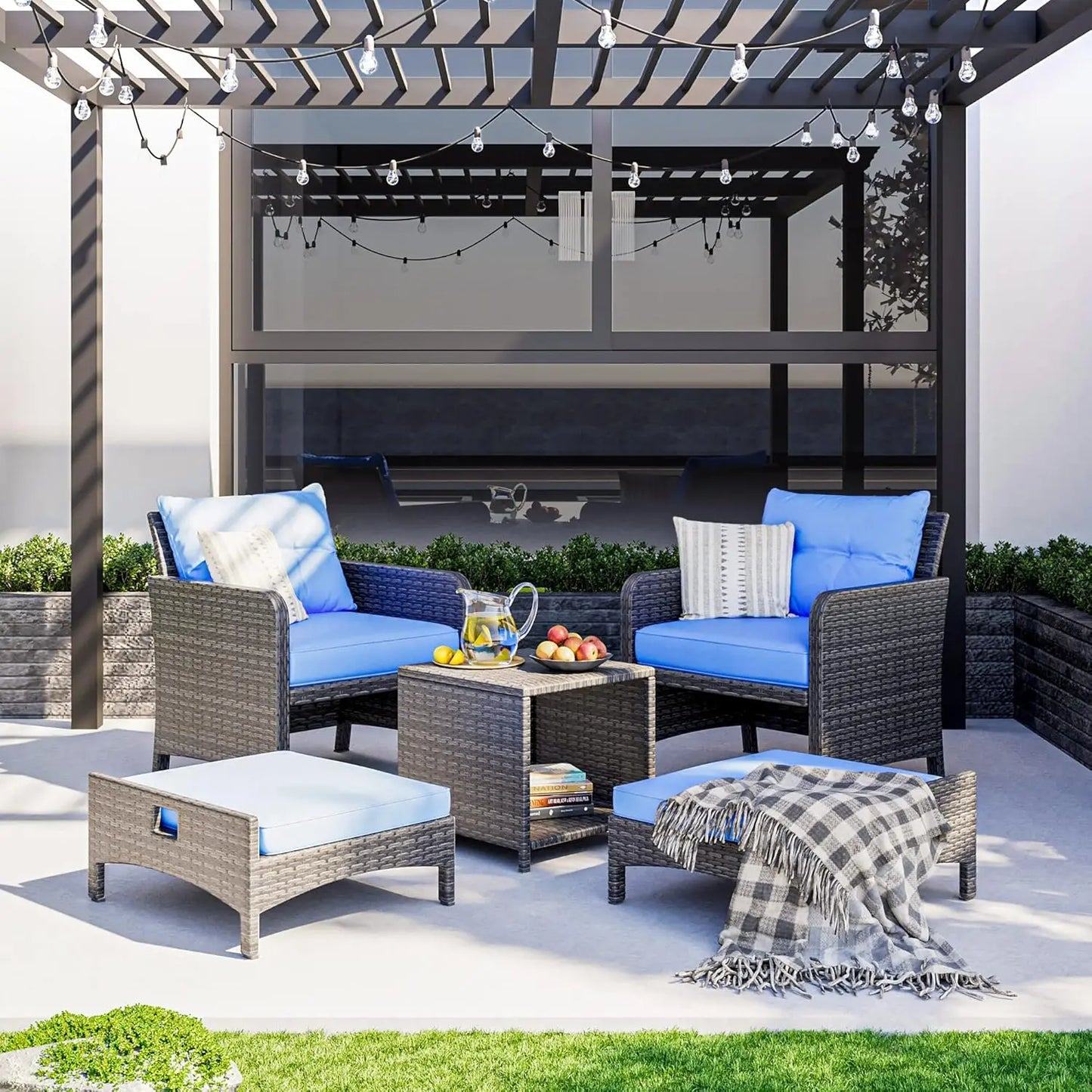 5 Pieces Wicker Patio Furniture Set Outdoor Patio Chairs with Ottomans Conversation Furniture with Garden Balcony(Blue Cushion