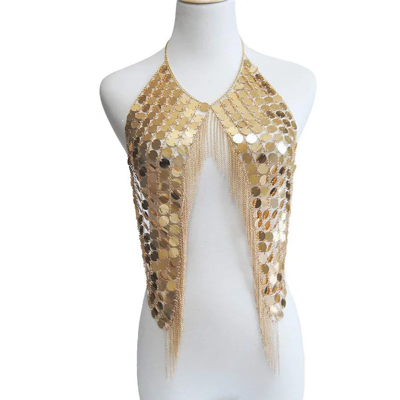 Sequin Goddess Halter: Handmade Acrylic Sequins, Metal Chain. Perfect for festivals and club parties.