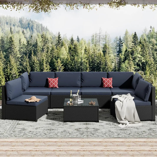 7 Piece Patio Furniture Set, All Weather PE Rattan Outdoor Sectional with Coffee Table, Outdoor Furniture Patio Sectional Sofa