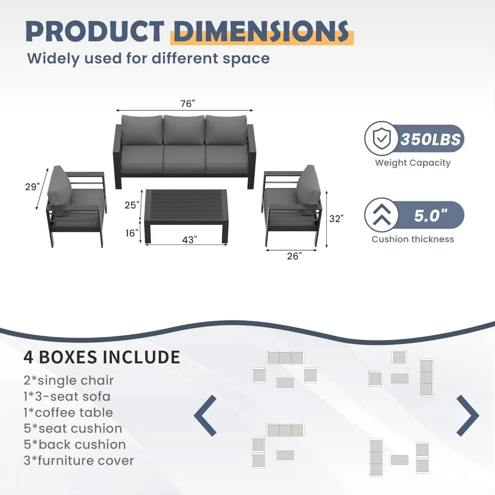 Aluminum Patio Furniture Set, Outdoor Sectional Metal Sofa with Coffee Table , 6 Pieces Modern Patio Conversation Sets