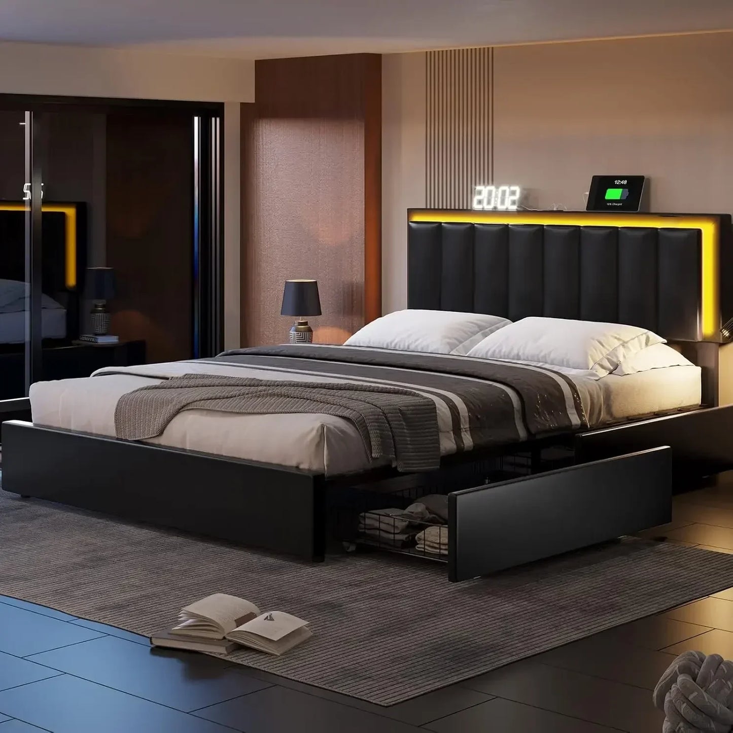 Queen Bed Frame with 4 Storage Drawers, LED Light with Charging Station, Artificial Leather Upholstered Bed, Bed Frame