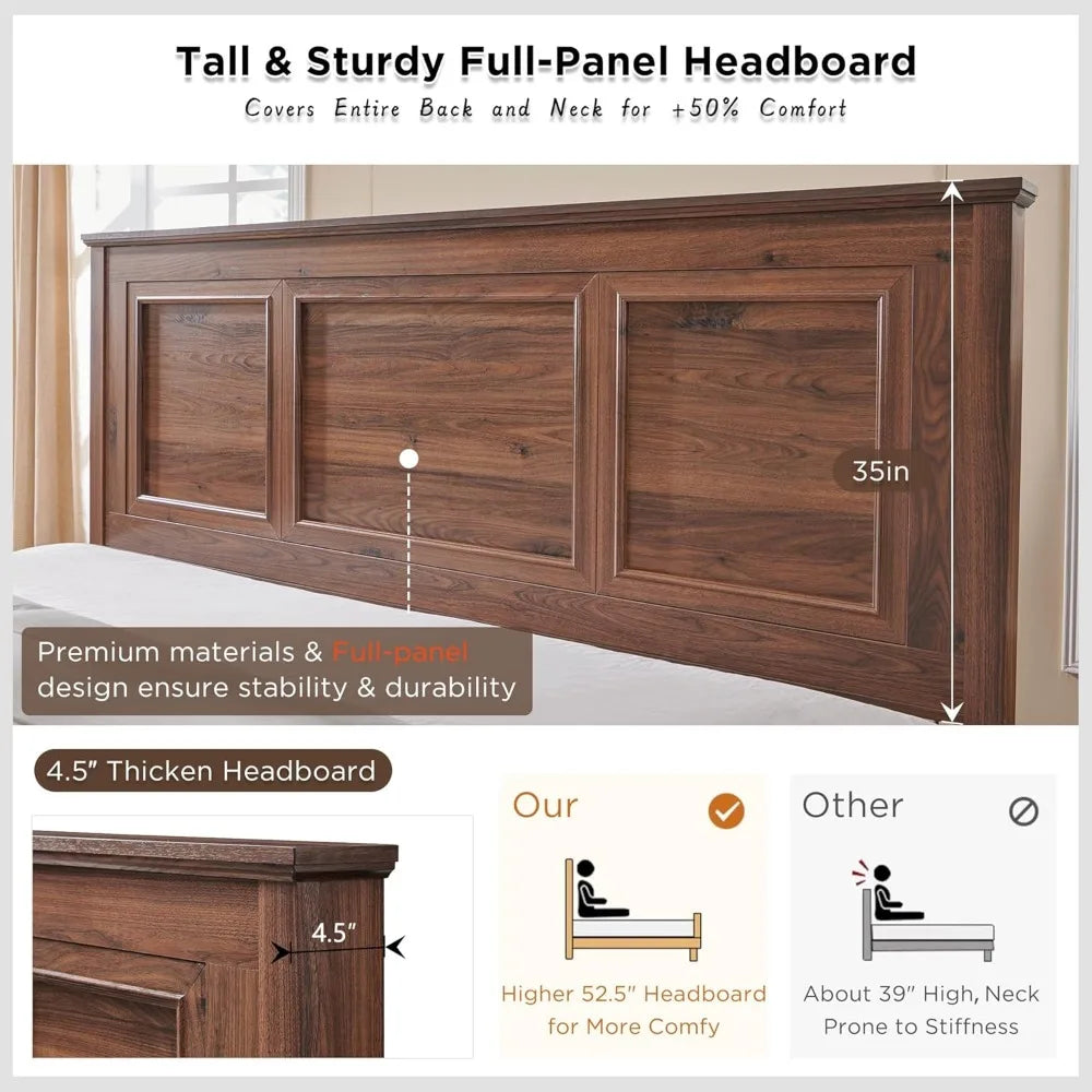 Wood Platform Bedframe With Footboard and Storage Drawers Bedroom Beds No Squeak Brown No Box Spring Needed Double Bed Bunk Twin