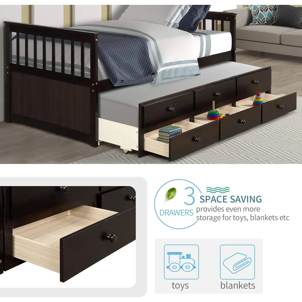 Twin Captain’s Bed Storage daybed with Trundle and Drawers for Kids Guests (Espresso)