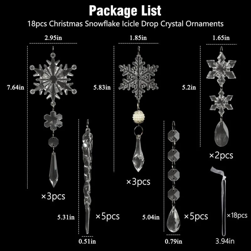 18 PCs Crystal Christmas Ornaments Hanging Acrylic Christmas Snowflake Icicle Drop Crystal Ornaments Christmas Tree Decorations