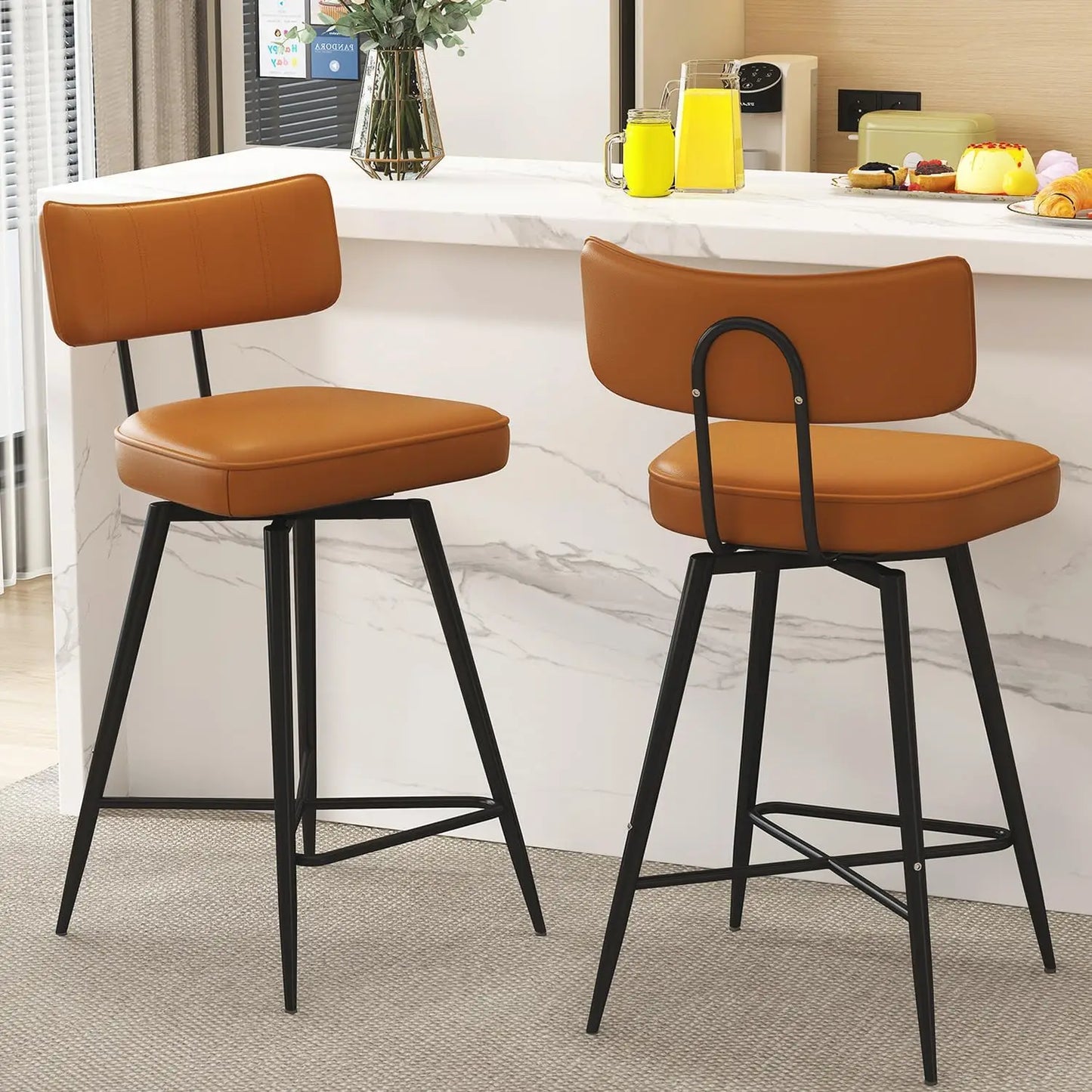 Swivel Bar Stools Set of 2, 26" Modern Counter Height Barstools, Leather Kitchen Stools with Back Footrest Metal Legs Bar Chairs