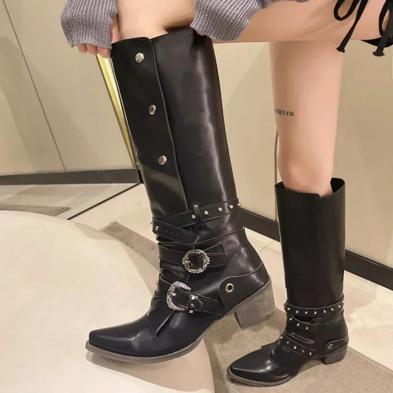 Women Metal Doctor Thick Heeled Black Boots  Autumn Pointed Toe Pu Leather Mid Calf Boots Woman Motorcycle Boots Big Size 43