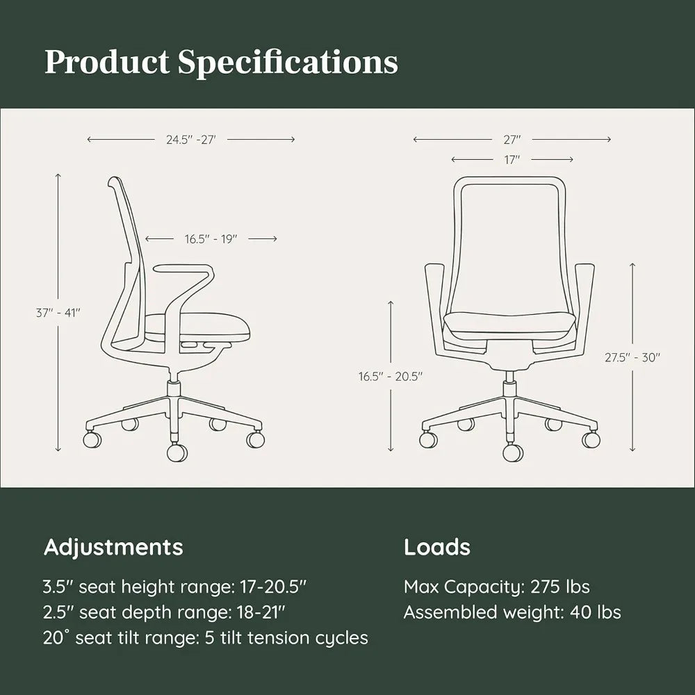 Verve Chair - High Performance Executive Office Chair with Contoured Seat Back and Adjustable Lumbar Rest - High Density Foam