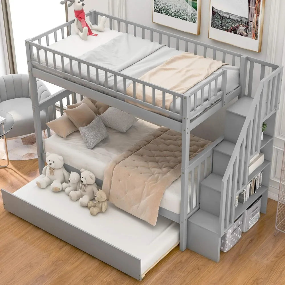 Bunk Bed, with Trundle, with Storage,Can Be Split Into 3 Separate Beds,for Kids Teens Adults ,Solid Wood Stairway Bunk Bed Frame