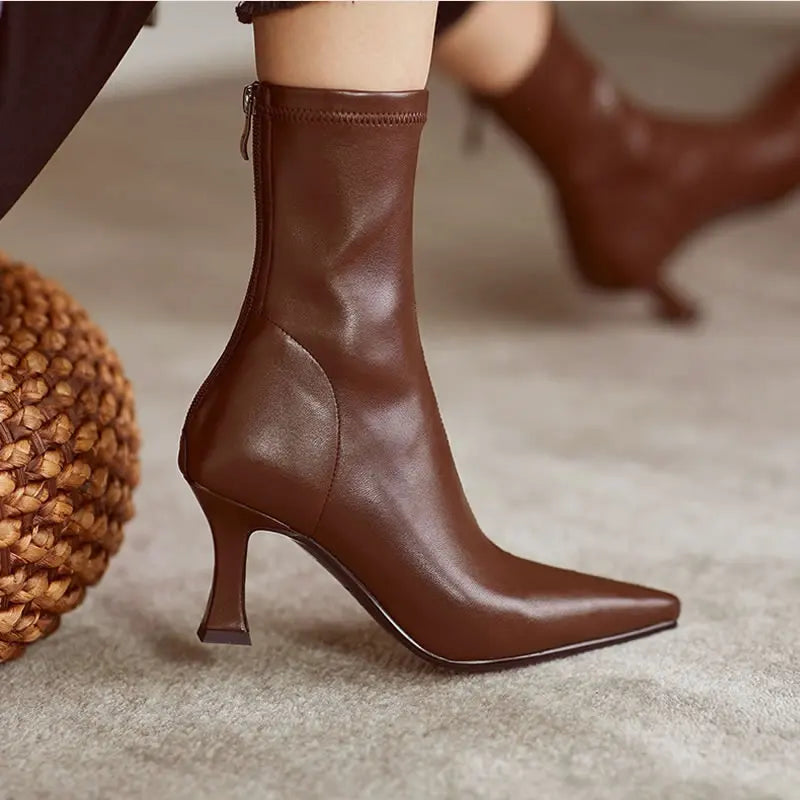 Women Pointy Brown Soft Leather Brown Elastic Boots Famele Stiletto Heels Shoes Ladies Ankle Boots Back Zipper Commuter Boots