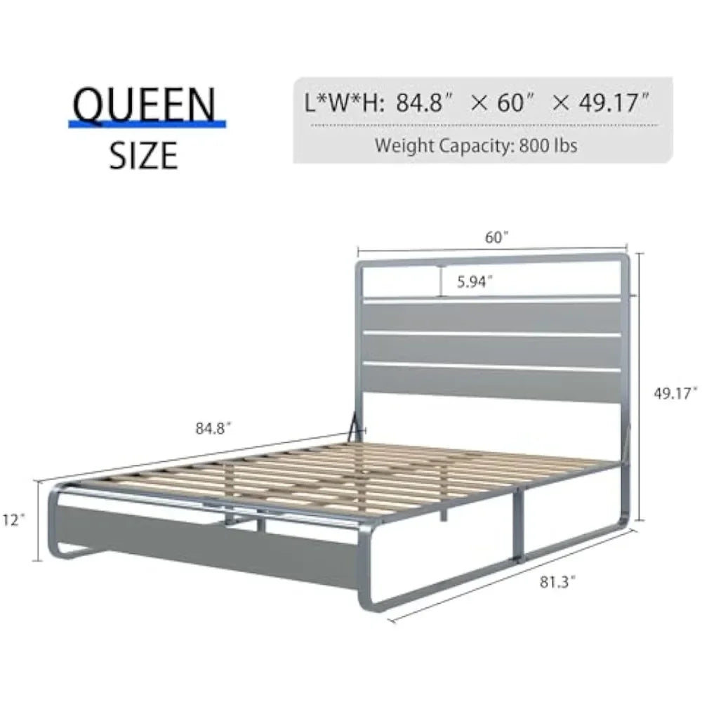 Metal Queen Bed Frame with Storage Headboard,Platform Bed Frame Queen Size with LED Lights and Charging Station, free shipping