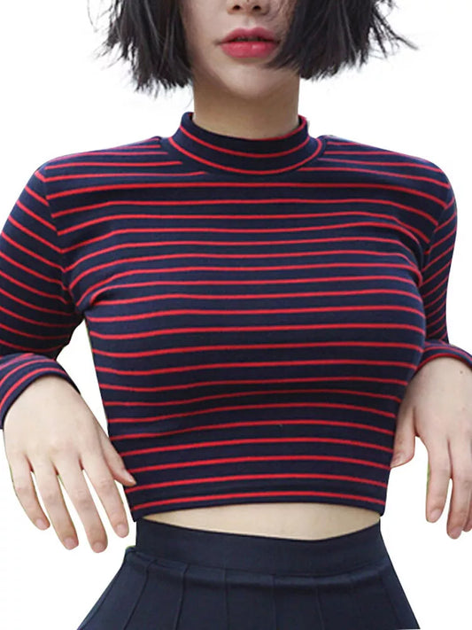 2024 Striped Elegance: Chic Turtleneck Crop Top, Slim Fit, Long Sleeves. All-Match Classic Sexy.