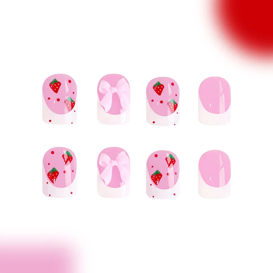 24pcs Red Strawberry Designs Fake Nail Tips 3D Bowknots Decor White French Style Press On Nails Glossy Pink European False Nails