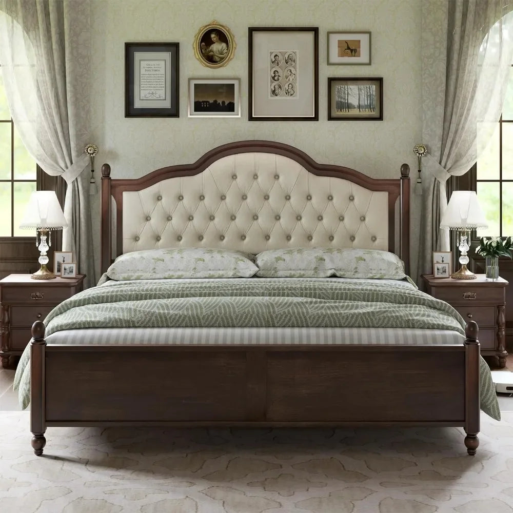 King Size Bed Frame, Transitional Platform Beds with 52.5" Upholstered Tufted Headboard, Wood Slat Support, Solid Wood Bed Frame