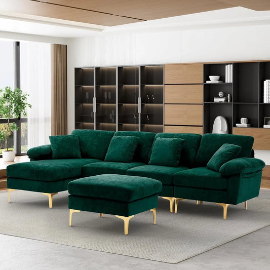 U-Shaped Sectional Sofa Couch, 4 Seat Sofa Set for Living Room, Convertible L-Shaped Velvet Couch Set with Chaise Lounge