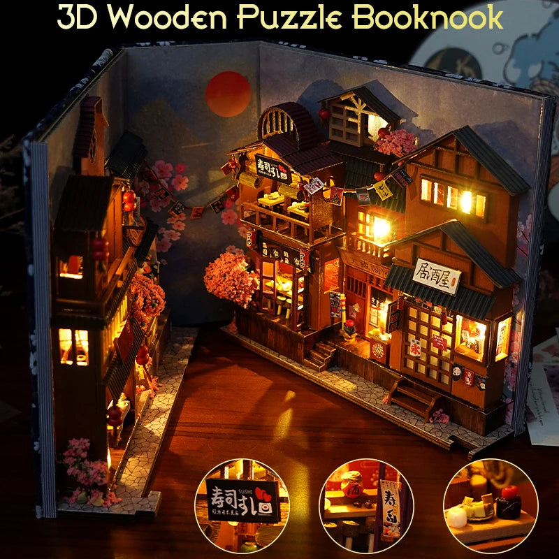 3D Wooden Puzzle DIY Book Nook Kit Bookend Shelf Insert Alley Miniature Dollhouse Model Building Set Toys Adults 3D Puzzle Gift