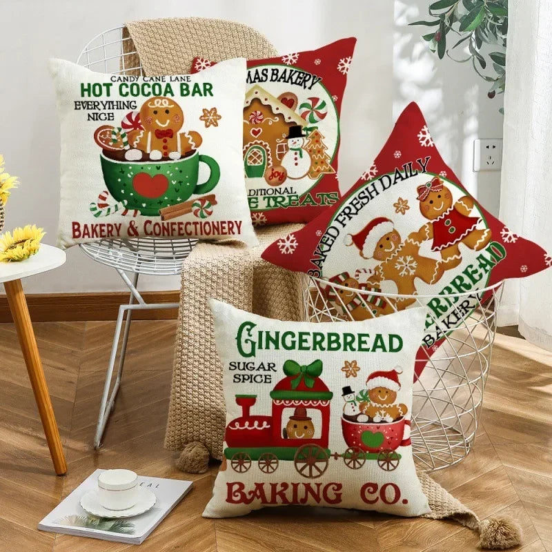 4PCS Cute Gingerbread Man Christmas Cushion Cover 45x45cm Linen Winter Christmas Decorations Pillow Covers For Chair Bed Sofa