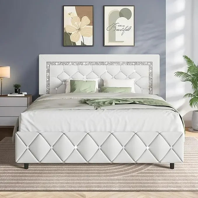 Queen Bed Frame Upholstered Bed Frame with Diamond Tufted Headboard, Faux Leather Headboard & Footboard, Wooden Slats Support