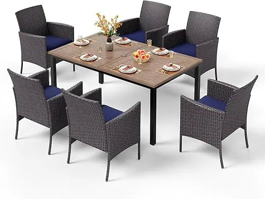 7Pieces Patio Dining Set,65” Wood-Like Metal Steel Dining Table & Rattan Wicker Chairs with Cushions,Large Dining Furniture Sets