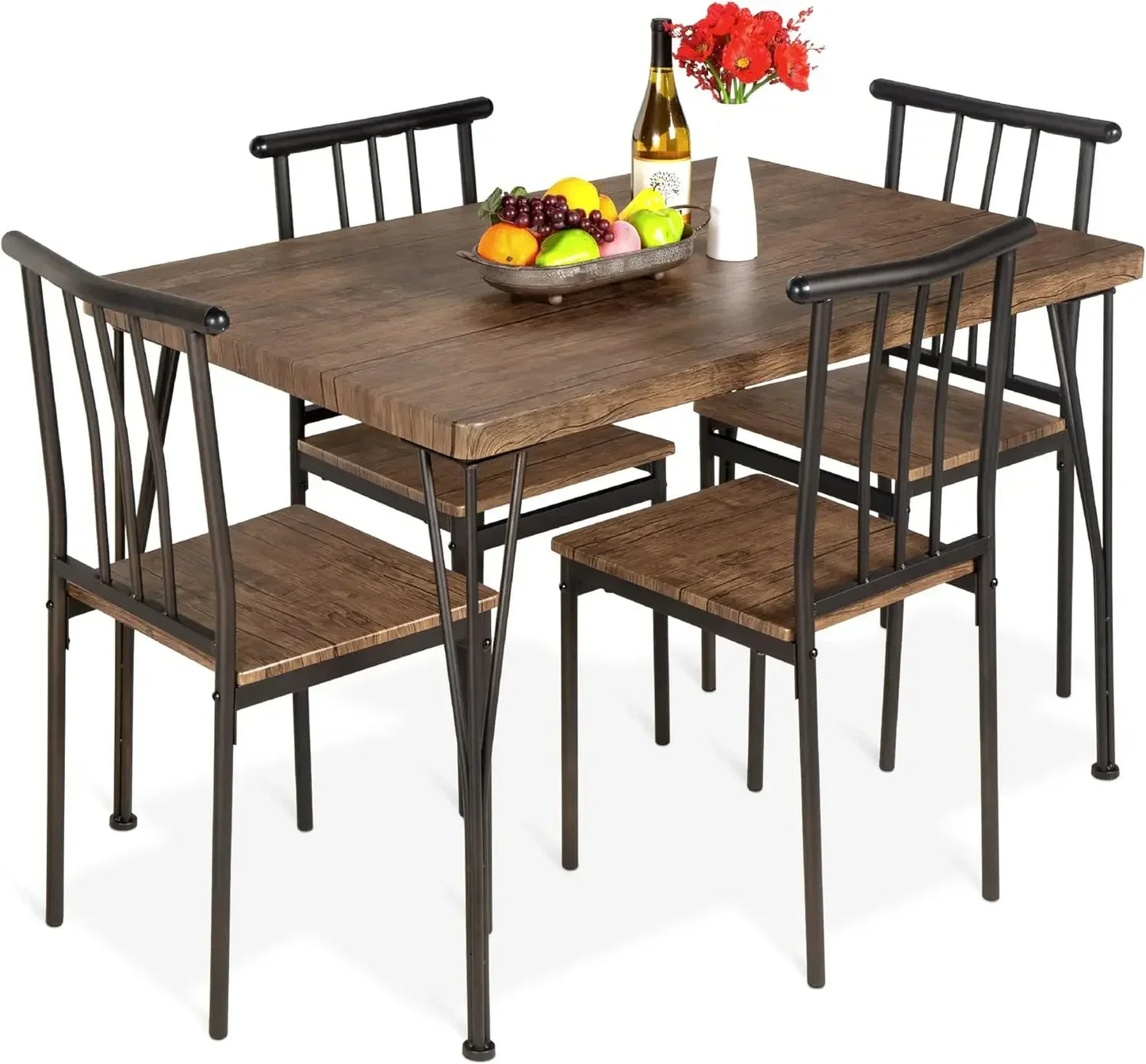 5-Piece Metal and Wood Indoor Modern Rectangular Dining Table Furniture Set for Kitchen, Dining Room, Breakfast Nook w/ 4 Chairs