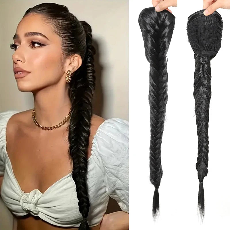 Drawstring style high-temperature silk long hair hand woven fishbone braid wig braid ponytail wig suitable for daily use by girl