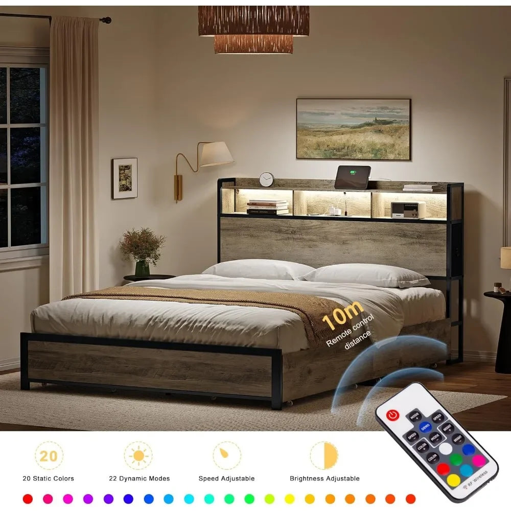 Full Bed Frame with Bookcase Headboard and 2 Drawers LED Lights Metal Platform Non-Slip Without Noise Strong Metal Slats Support