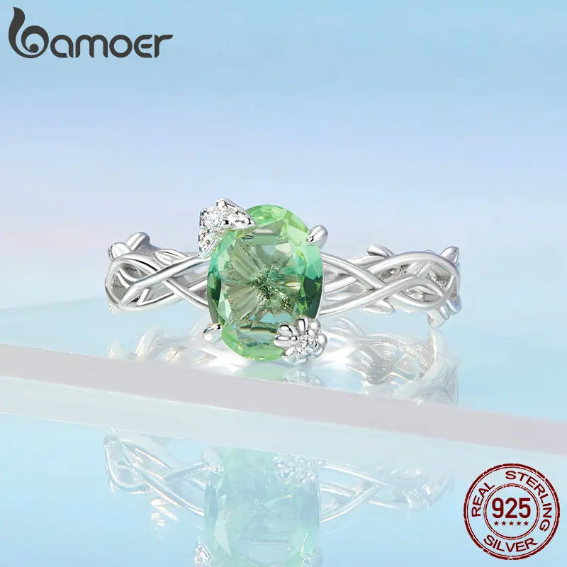 Bamoer Vine Ring for Women Solid 925 Sterling Silver Green Round Gemstone Ring for Wedding Engagement Jewelry BSR466