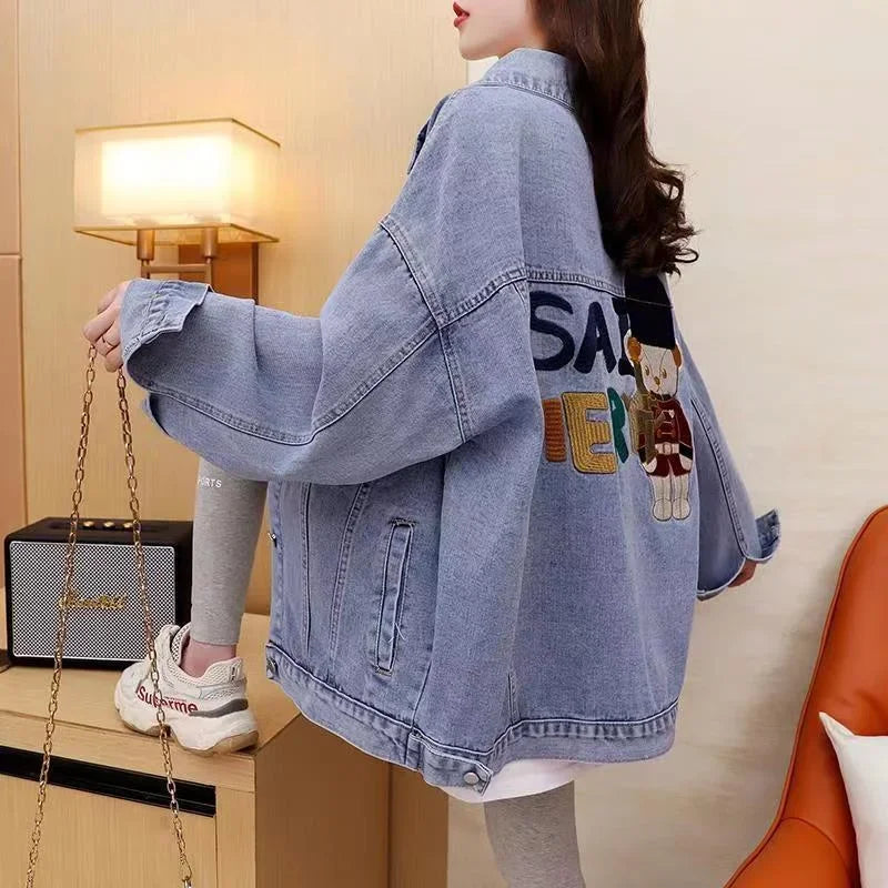 Women's Denim Jackets Outerwears Blue Graphic Female Jeans Coat with Print Spring Autumn Long Trench Mix Color New in On Sale