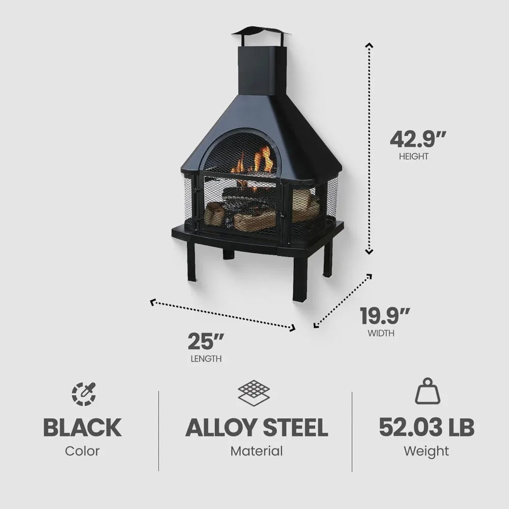 Wood Burning Fireplace Outdoor Steel Chimney Rectangular Fire Bowl for Backyard Patio or Deck Bonfire Heating, Black