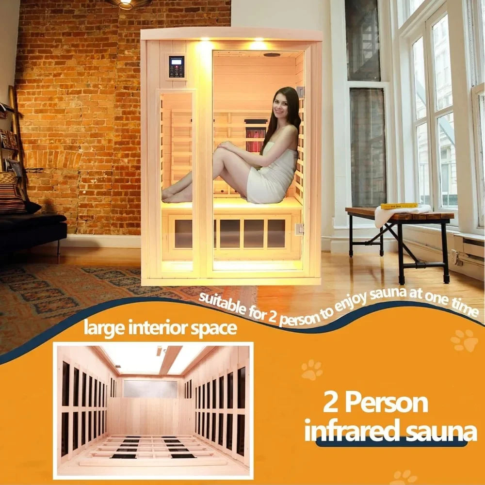 2 Person Far Infrared Sauna, 2 in 1 Indoor Sauna with Low EMF Heaters + Ceramic Heating Cubes-Chromotherapy-Bluetooth Speaker