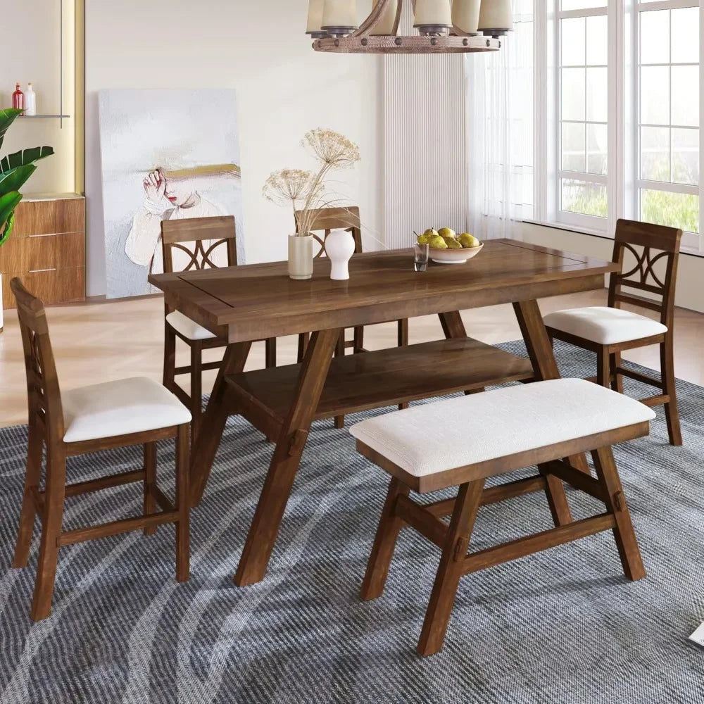 6-Piece Counter Height Dining Table Set,Farmhouse Rustic Kitchen Dining Room Table Set with Padded 4 Chairs and Bench