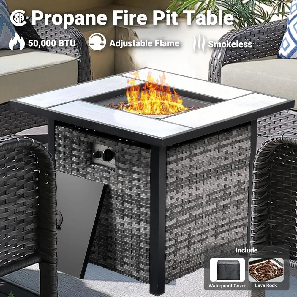 4 Pieces Patio Furniture Set with Fire Pit Table, Outdoor Wicker Chairs of 4, All Weather High Back Rattan Chairs 4 Seats